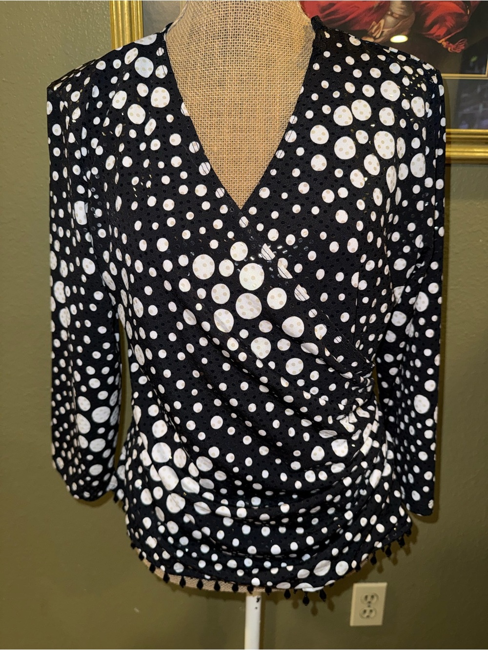 Vintage MSK Black and White Polka Dot Faux-Wrap Blouse